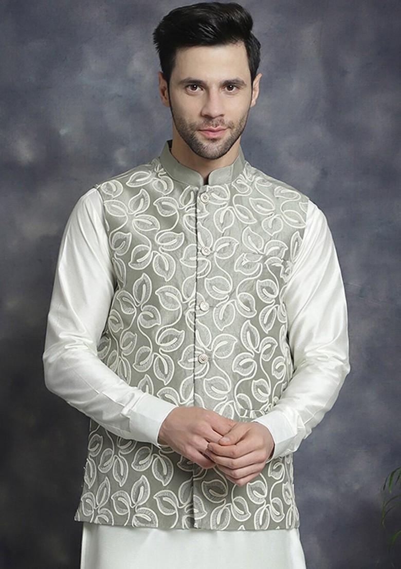 Green Embroidered Poly Blend Nehru Jacket For Men
