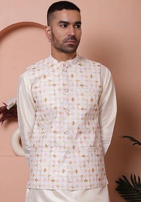 Off White Printed Poly Blend Nehru Jacket For Men