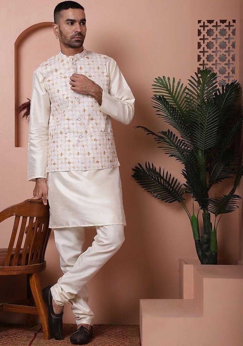 Off White Printed Poly Blend Nehru Jacket For Men