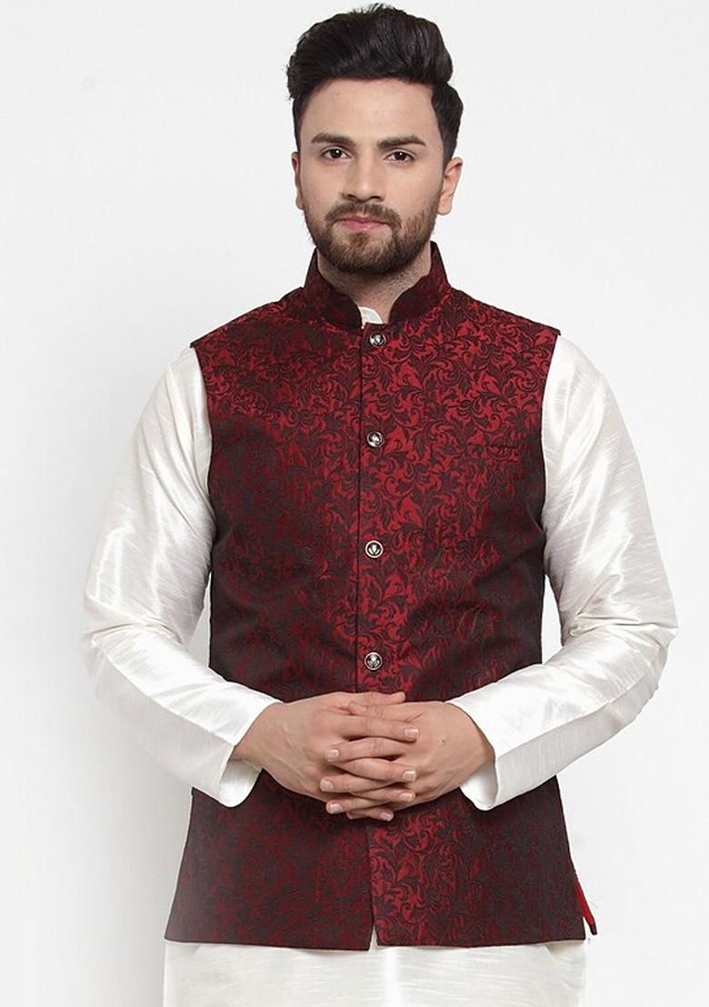 Maroon Woven Design Poly Blend Nehru Jacket For Men