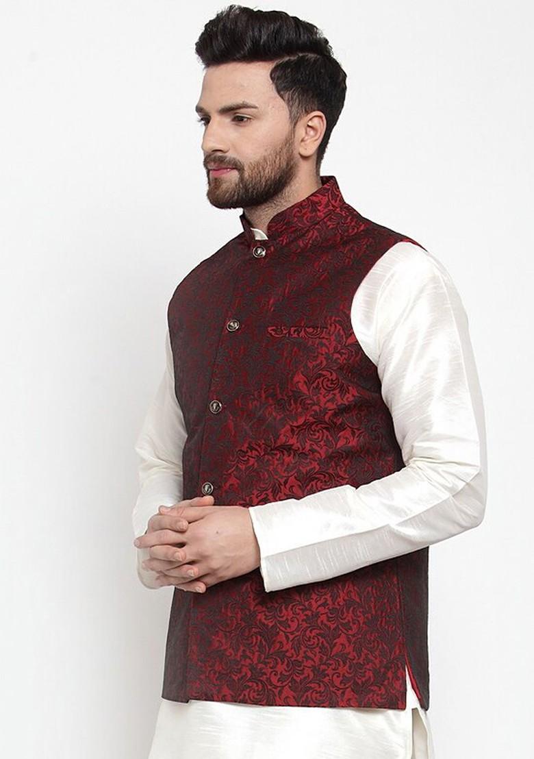 Maroon Woven Design Poly Blend Nehru Jacket For Men