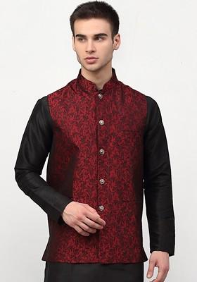 Maroon Woven Design Poly Blend Nehru Jacket For Men