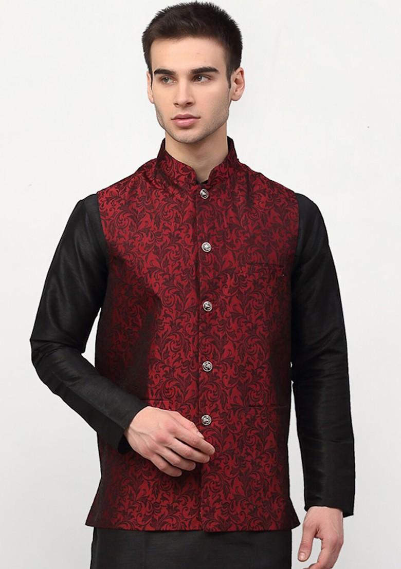 Maroon Woven Design Poly Blend Nehru Jacket For Men