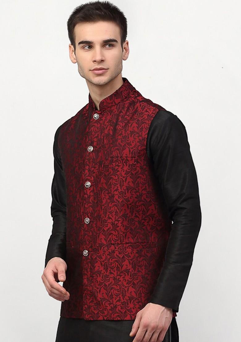 Maroon Woven Design Poly Blend Nehru Jacket For Men