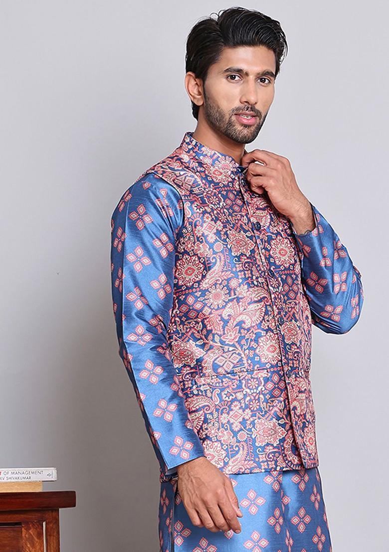 Blue Printed Poly Blend Nehru Jacket For Men