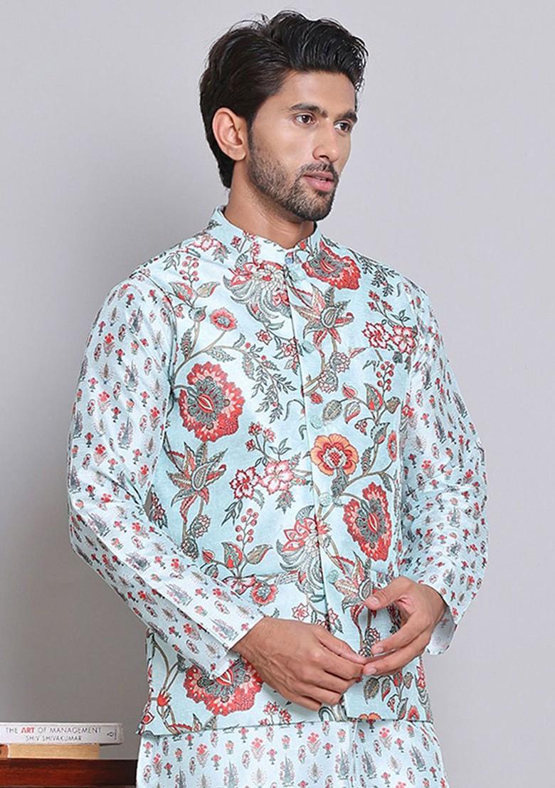 Turquoise Blue Printed Poly Blend Nehru Jacket For Men
