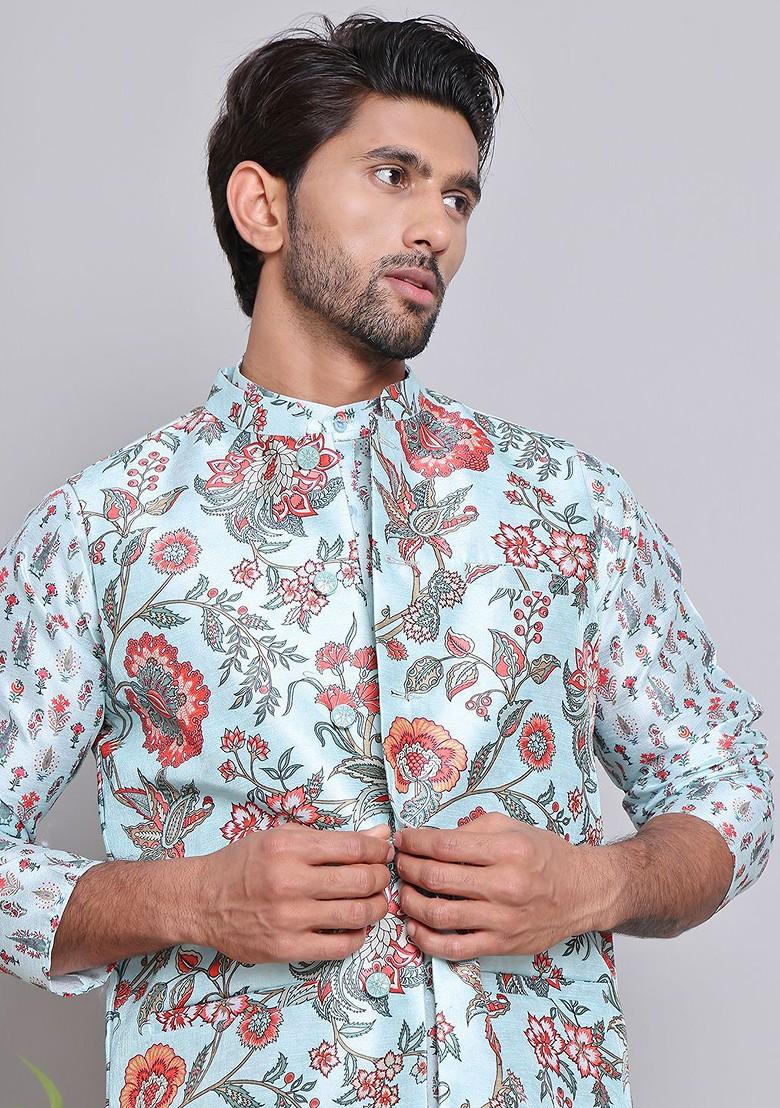 Turquoise Blue Printed Poly Blend Nehru Jacket For Men