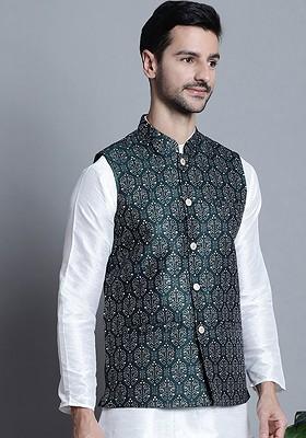 Olive Printed Poly Blend Nehru Jacket For Men