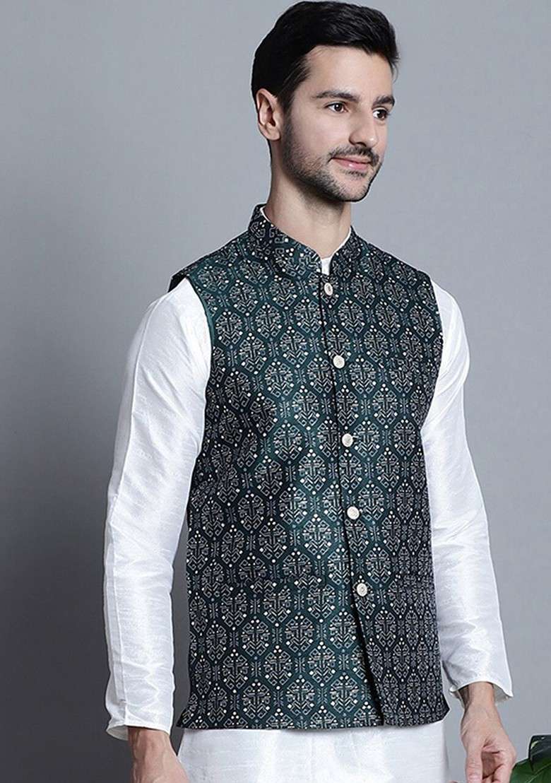 Olive Printed Poly Blend Nehru Jacket For Men - Indya