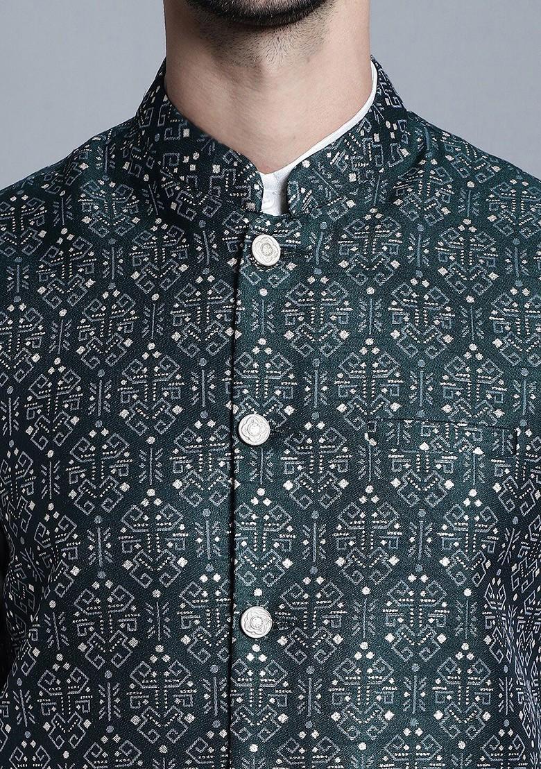 Olive Printed Poly Blend Nehru Jacket For Men