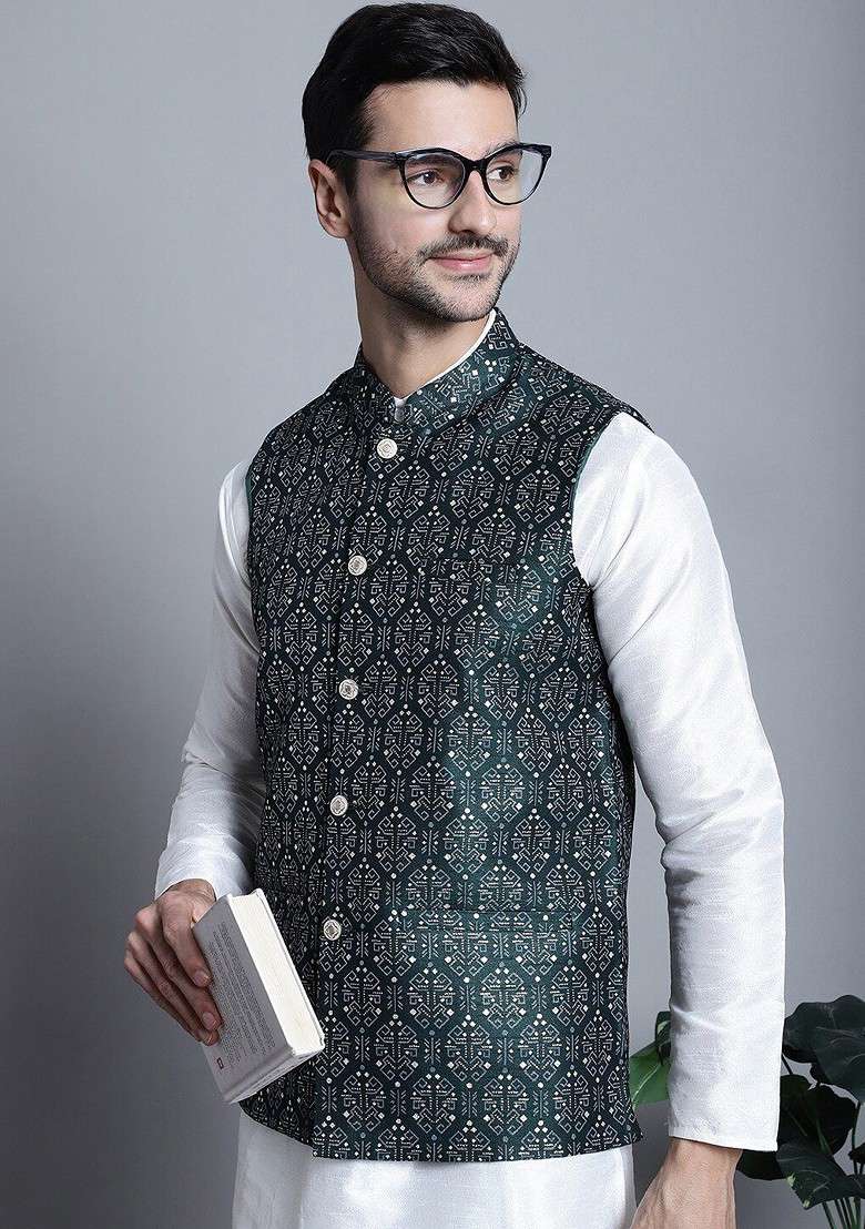 Olive Printed Poly Blend Nehru Jacket For Men - Indya