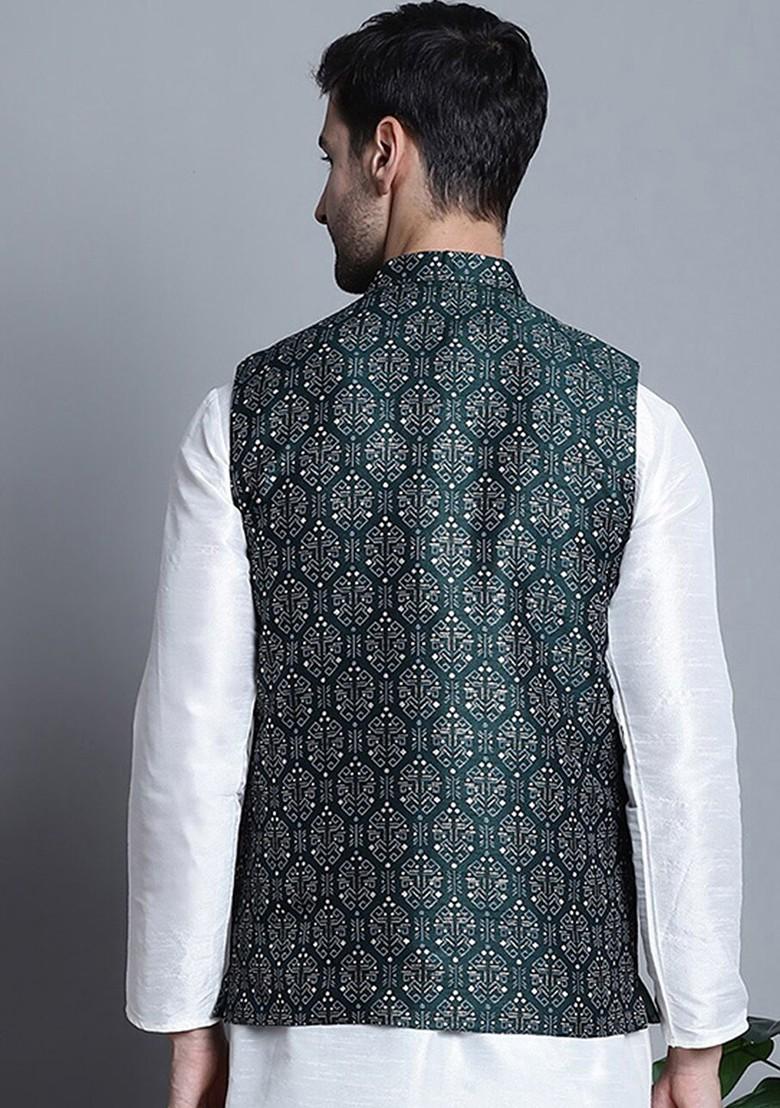 Olive Printed Poly Blend Nehru Jacket For Men