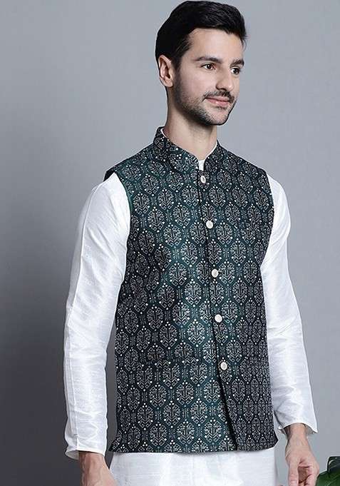 Olive Printed Poly Blend Nehru Jacket For Men
