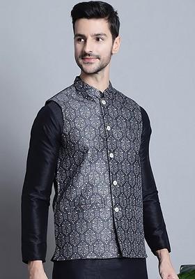 Charcoal Grey Printed Poly Blend Nehru Jacket For Men