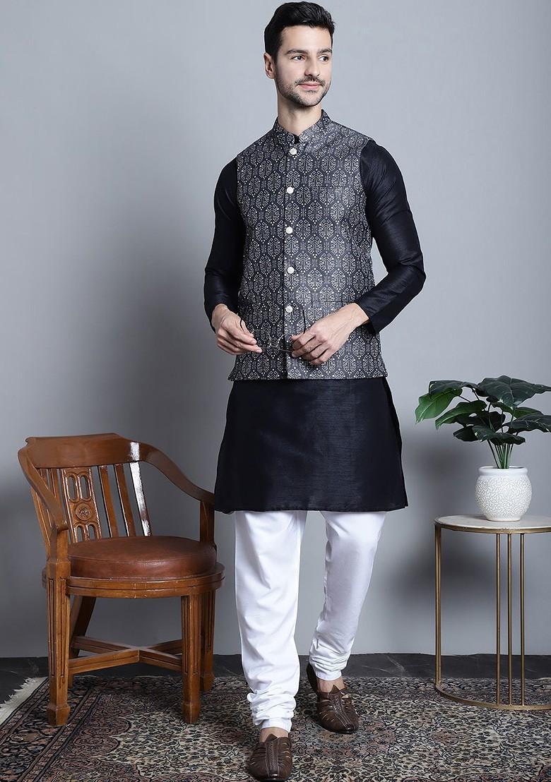 Charcoal Grey Printed Poly Blend Nehru Jacket For Men