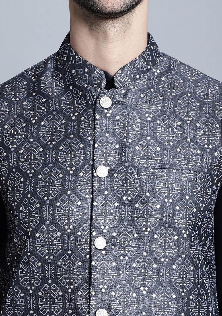 Charcoal Grey Printed Poly Blend Nehru Jacket For Men