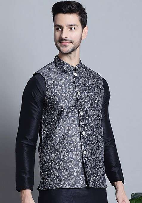Charcoal Grey Printed Poly Blend Nehru Jacket For Men