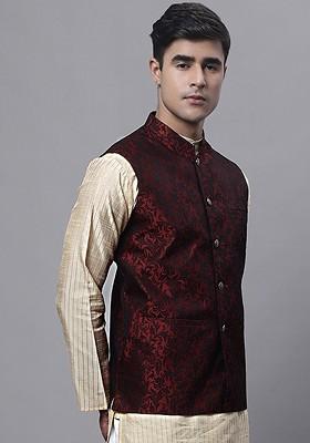 Maroon Woven Design Poly Blend Nehru Jacket For Men