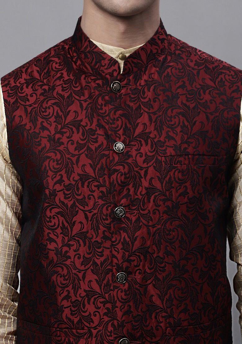 Maroon Woven Design Poly Blend Nehru Jacket For Men