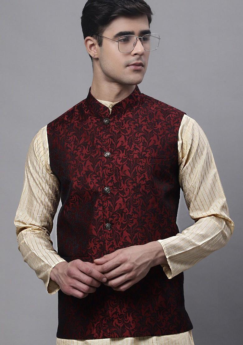Maroon Woven Design Poly Blend Nehru Jacket For Men