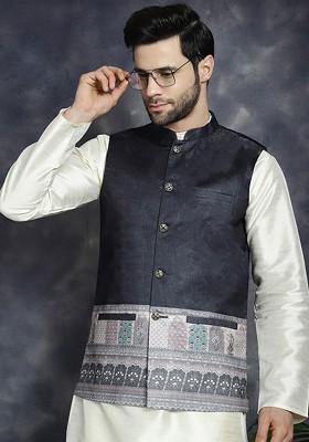 Black Printed Poly Blend Nehru Jacket For Men