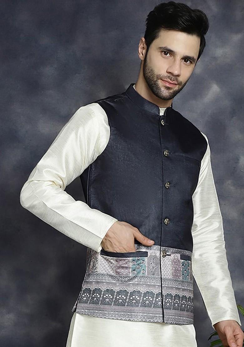 Black Printed Poly Blend Nehru Jacket For Men