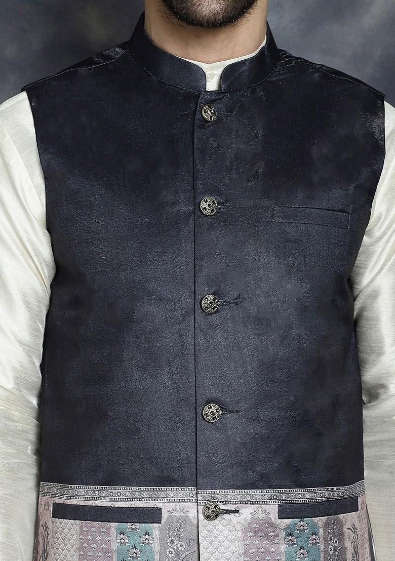 Black Printed Poly Blend Nehru Jacket For Men