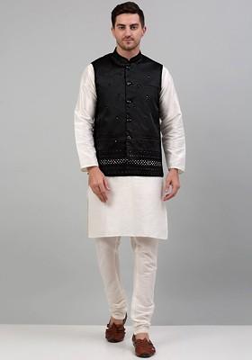 Black Embroidered Poly Blend Nehru Jacket For Men