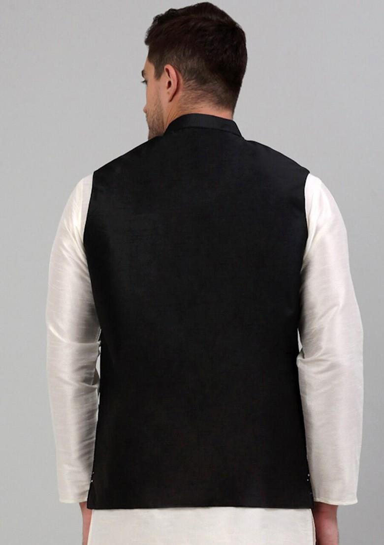 Black Embroidered Poly Blend Nehru Jacket For Men