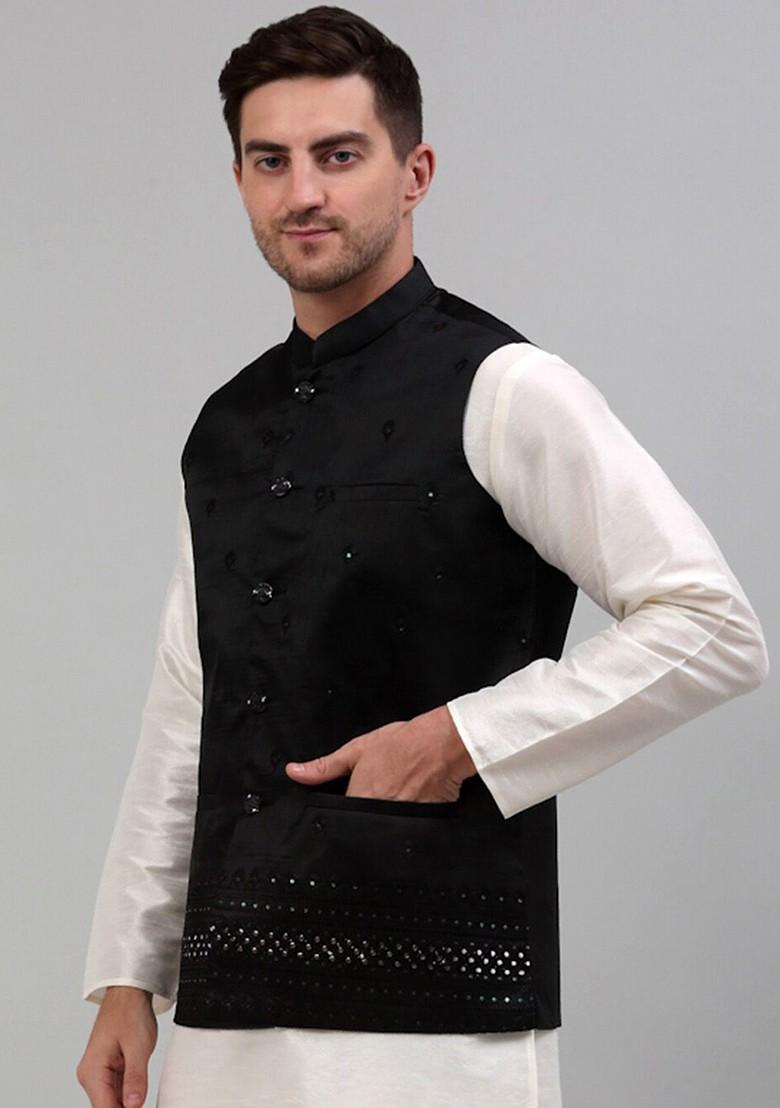 Black Embroidered Poly Blend Nehru Jacket For Men
