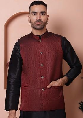 Maroon Woven Design Poly Blend Nehru Jacket For Men