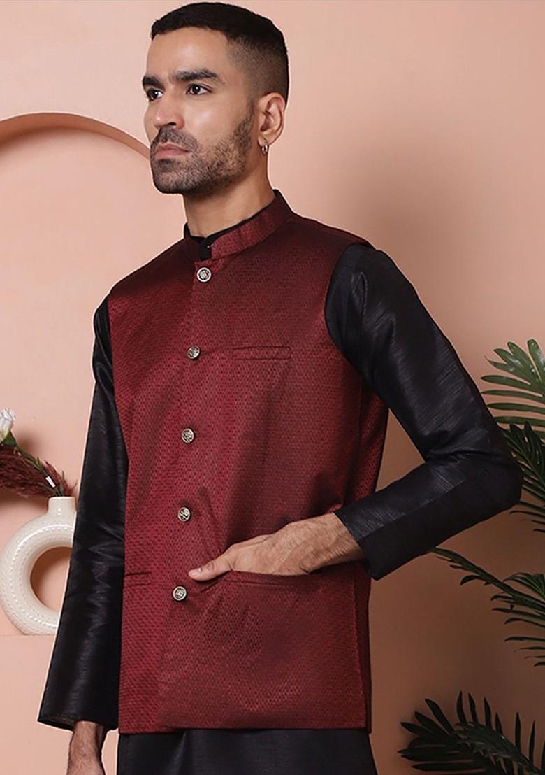 Maroon Woven Design Poly Blend Nehru Jacket For Men