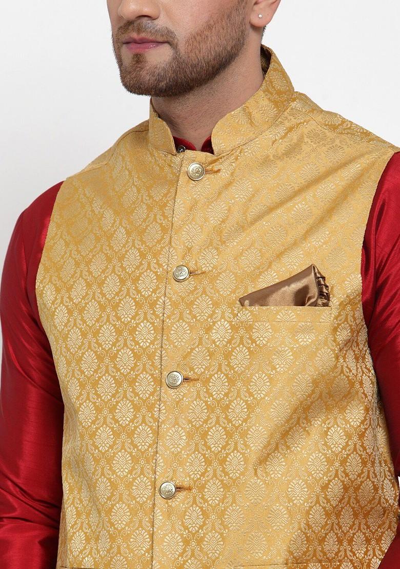 Gold Woven Design Poly Blend Nehru Jacket For Men