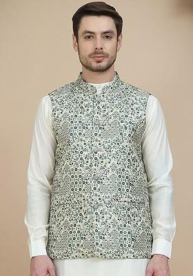 Cream Woven Design Poly Blend Nehru Jacket For Men