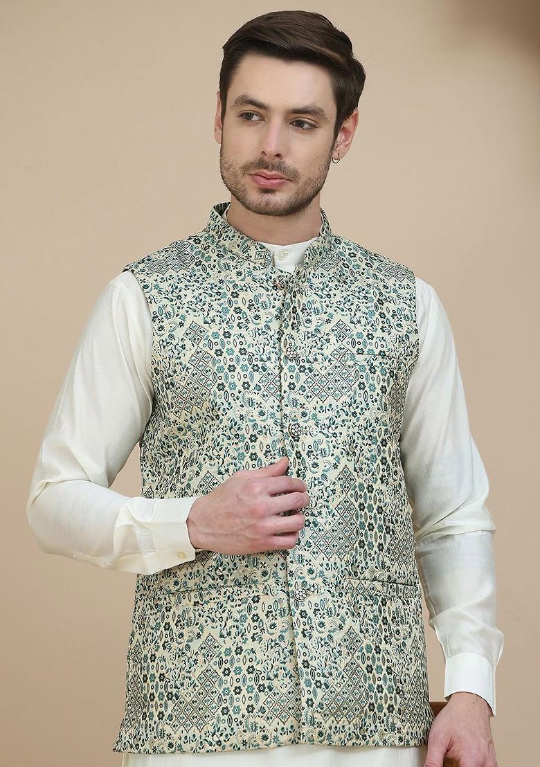 Cream Woven Design Poly Blend Nehru Jacket For Men