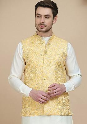 Yellow Woven Design Poly Blend Nehru Jacket For Men