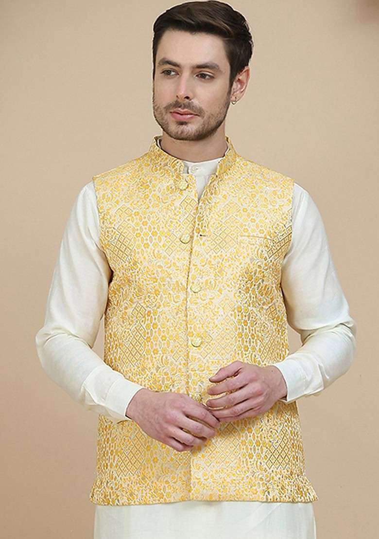 Yellow Woven Design Poly Blend Nehru Jacket For Men - Indya