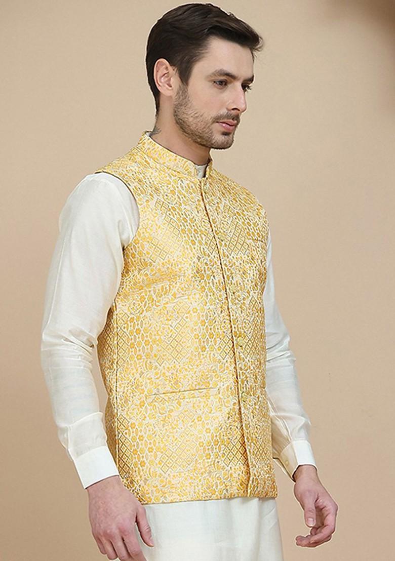 Yellow Woven Design Poly Blend Nehru Jacket For Men