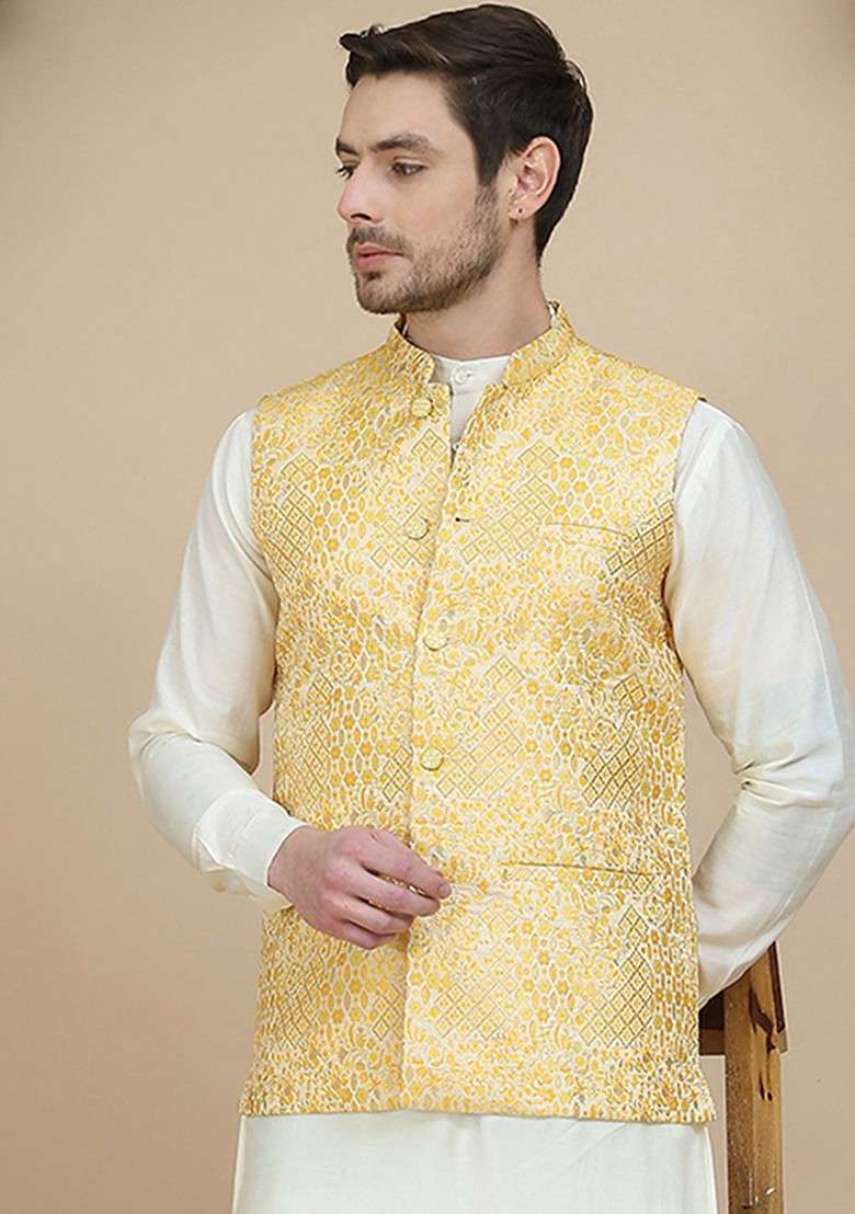 Yellow Woven Design Poly Blend Nehru Jacket For Men - Indya