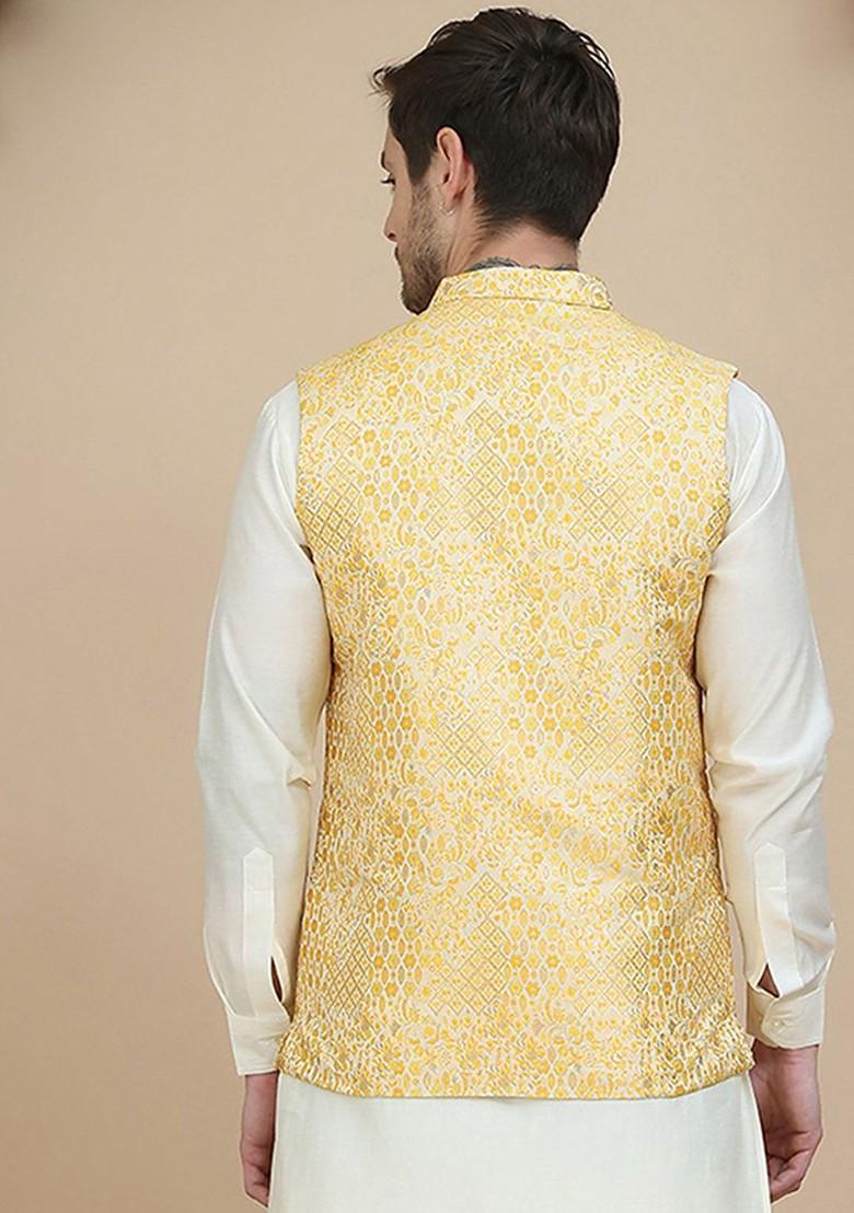Yellow Woven Design Poly Blend Nehru Jacket For Men