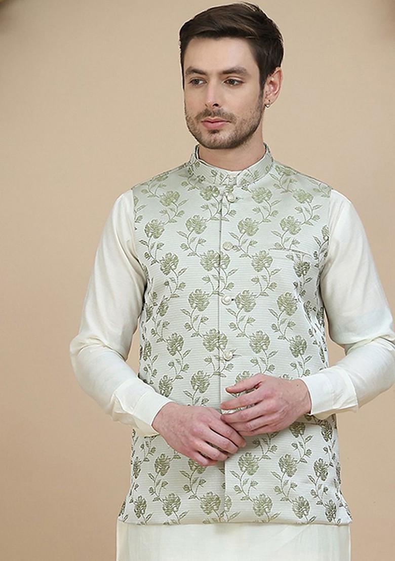 Green Printed Poly Blend Nehru Jacket For Men