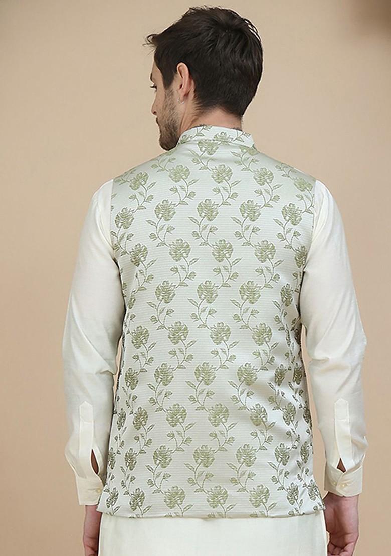 Green Printed Poly Blend Nehru Jacket For Men
