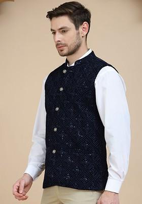 Navy Blue Embroidered Poly Blend Nehru Jacket For Men