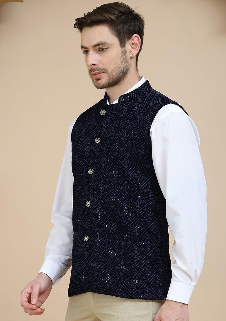 Navy Blue Embroidered Poly Blend Nehru Jacket For Men