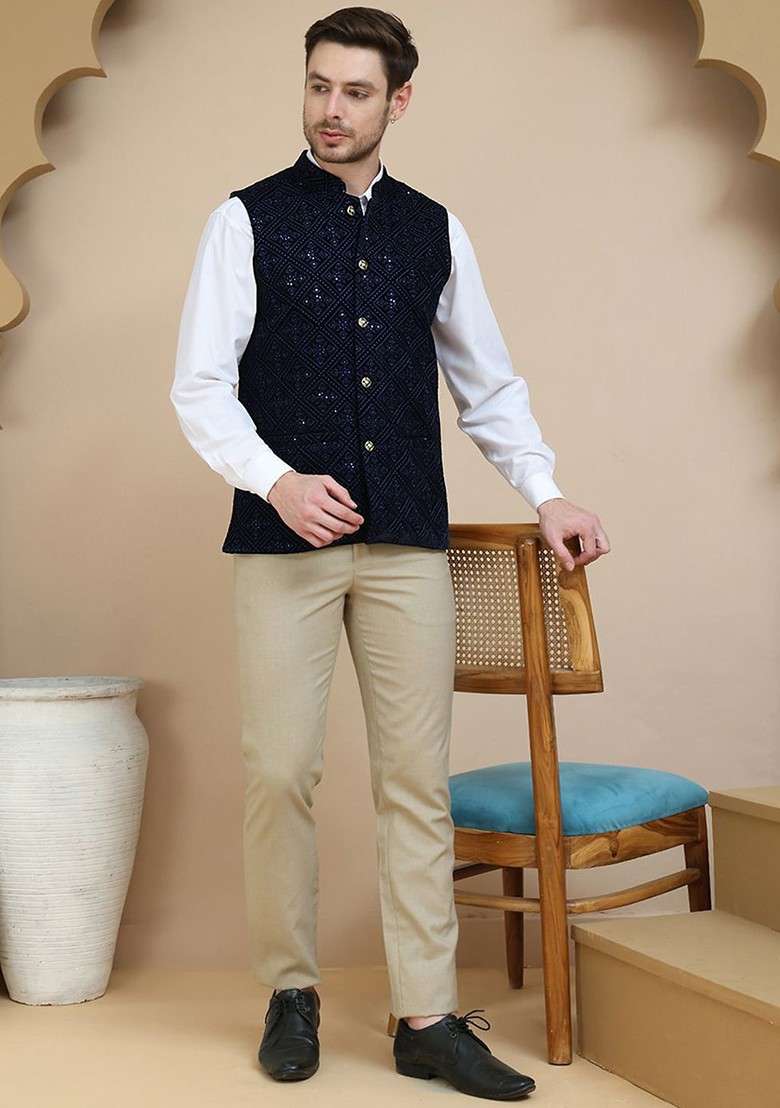 Navy Blue Embroidered Poly Blend Nehru Jacket For Men - Indya