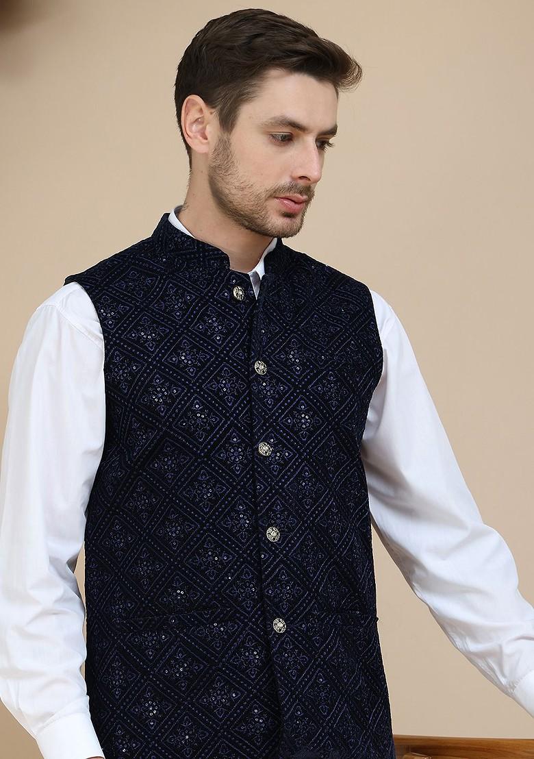Navy Blue Embroidered Poly Blend Nehru Jacket For Men