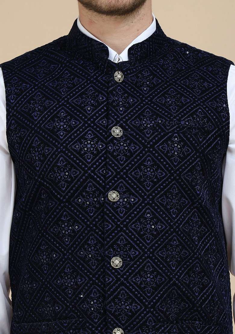 Navy Blue Embroidered Poly Blend Nehru Jacket For Men - Indya