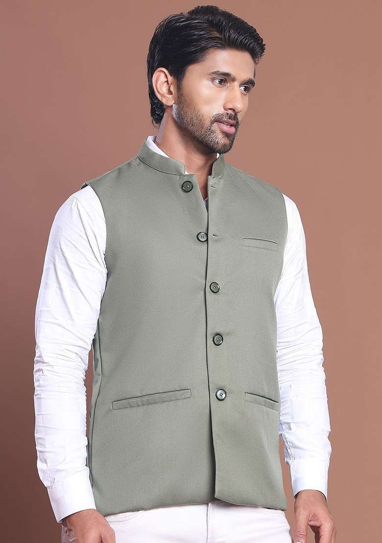 Green Embroidered Poly Blend Nehru Jacket For Men - Indya