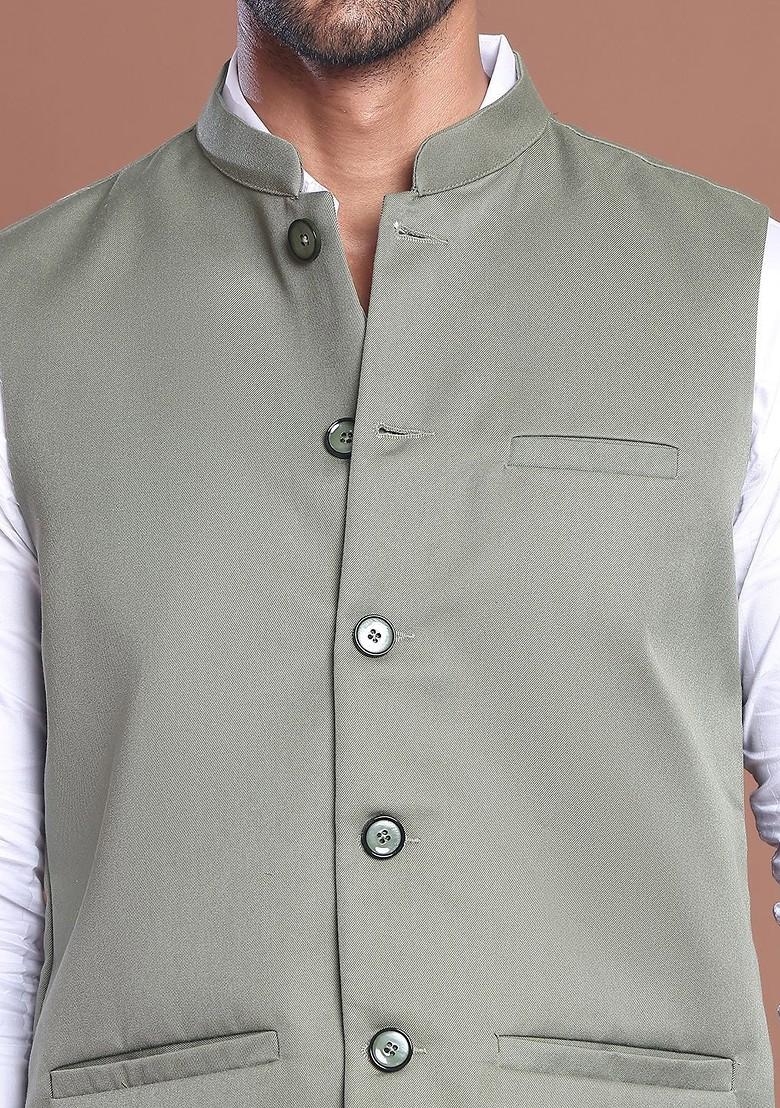 Green Embroidered Poly Blend Nehru Jacket For Men