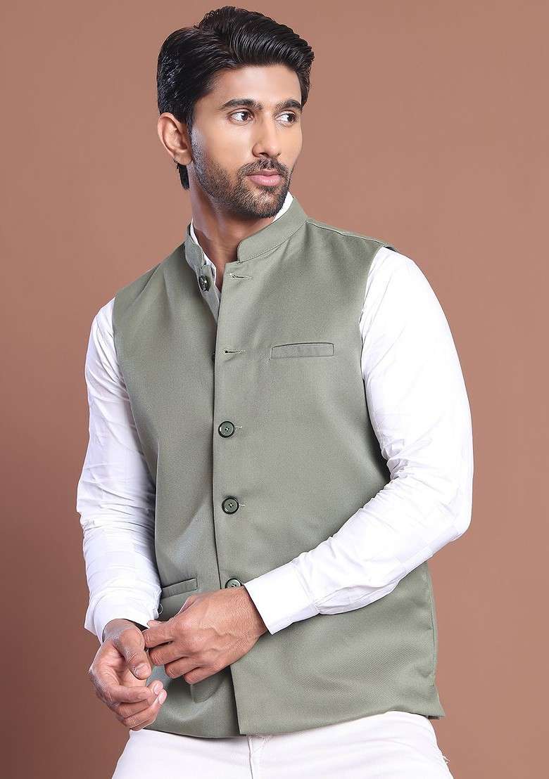 Green Embroidered Poly Blend Nehru Jacket For Men - Indya